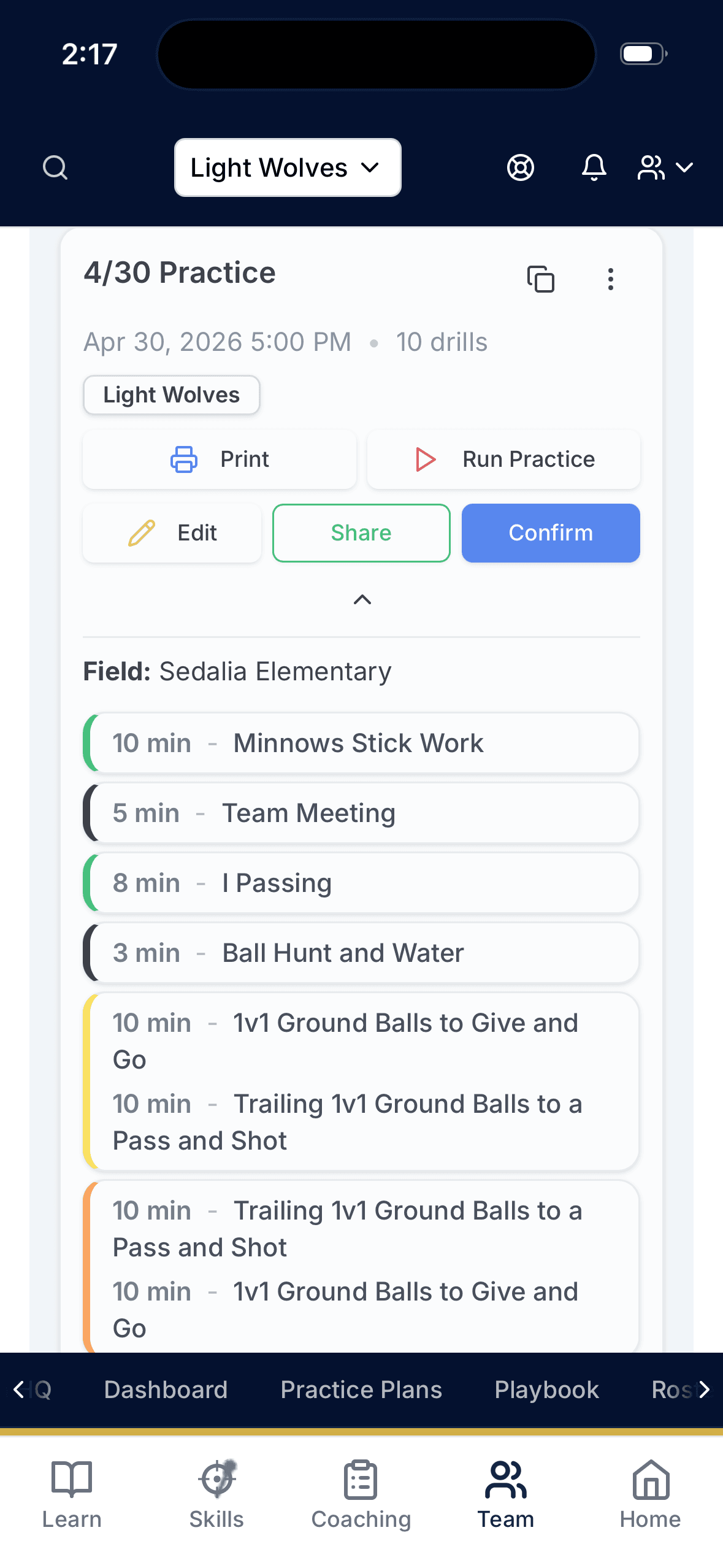 Real POWLAX practice plan open in the Practices view on a phone