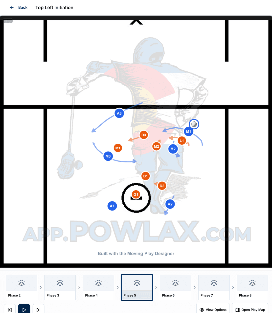 A lacrosse play open in the Moving Play Designer, attackers, midfielders and defenders lettered on the field with their routes drawn, an eight phase strip and the play controls below it.