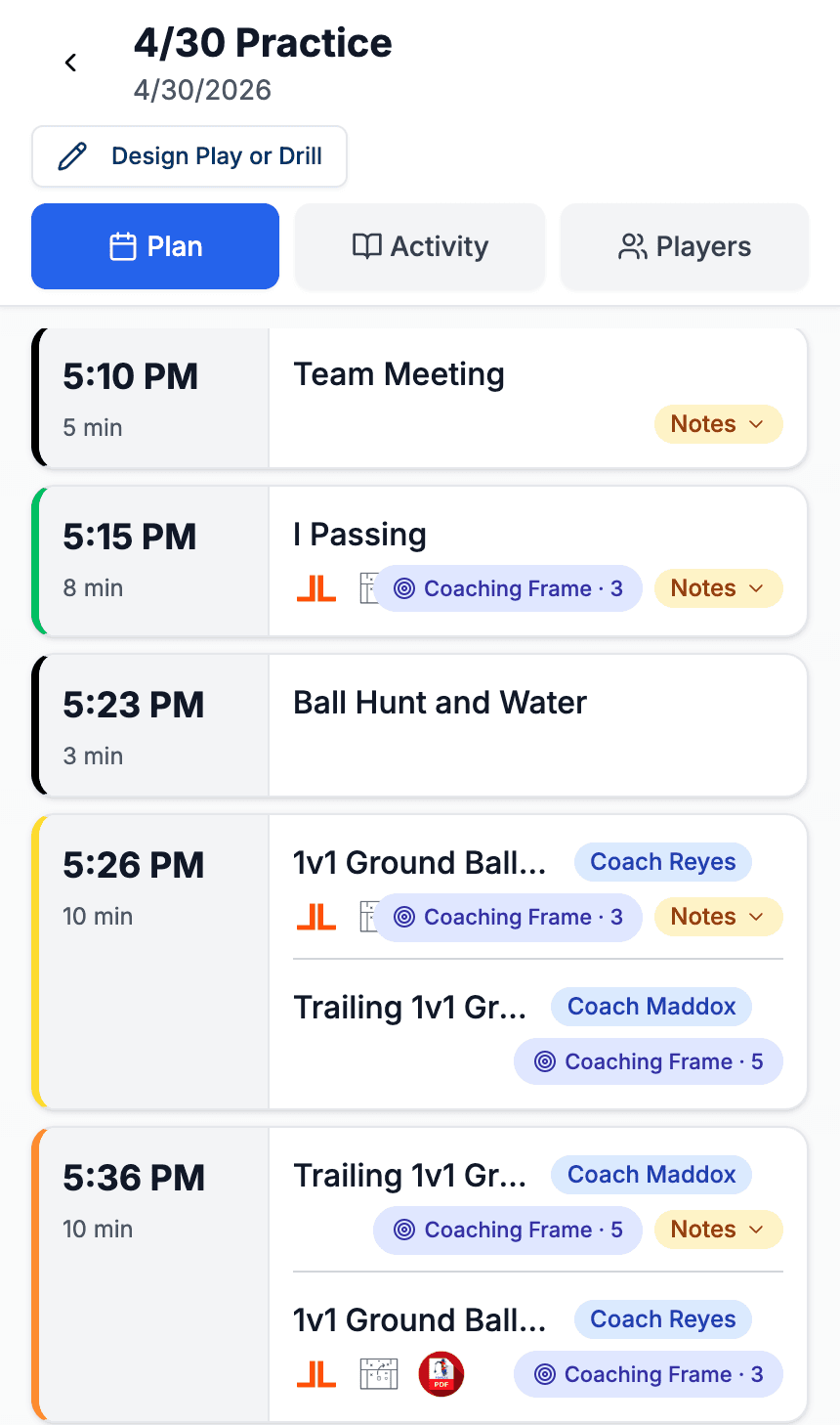 A practice plan open on a phone: blocks in order down the screen, each with its start time and length, a coach assigned to each drill, a Coaching Frame chip, a Notes button, and diagram and video icons where the drill carries them.
