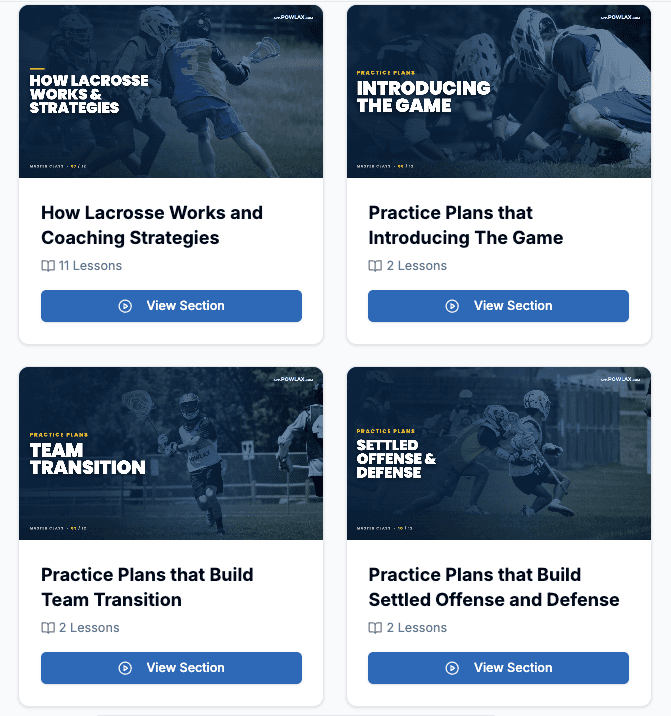 Four Master Class course cards in the POWLAX app, each with a game-film cover, its title, its lesson count and a View Section button: how lacrosse works and coaching strategies, and practice plans for introducing the game, building team transition, and settled offense and defense.