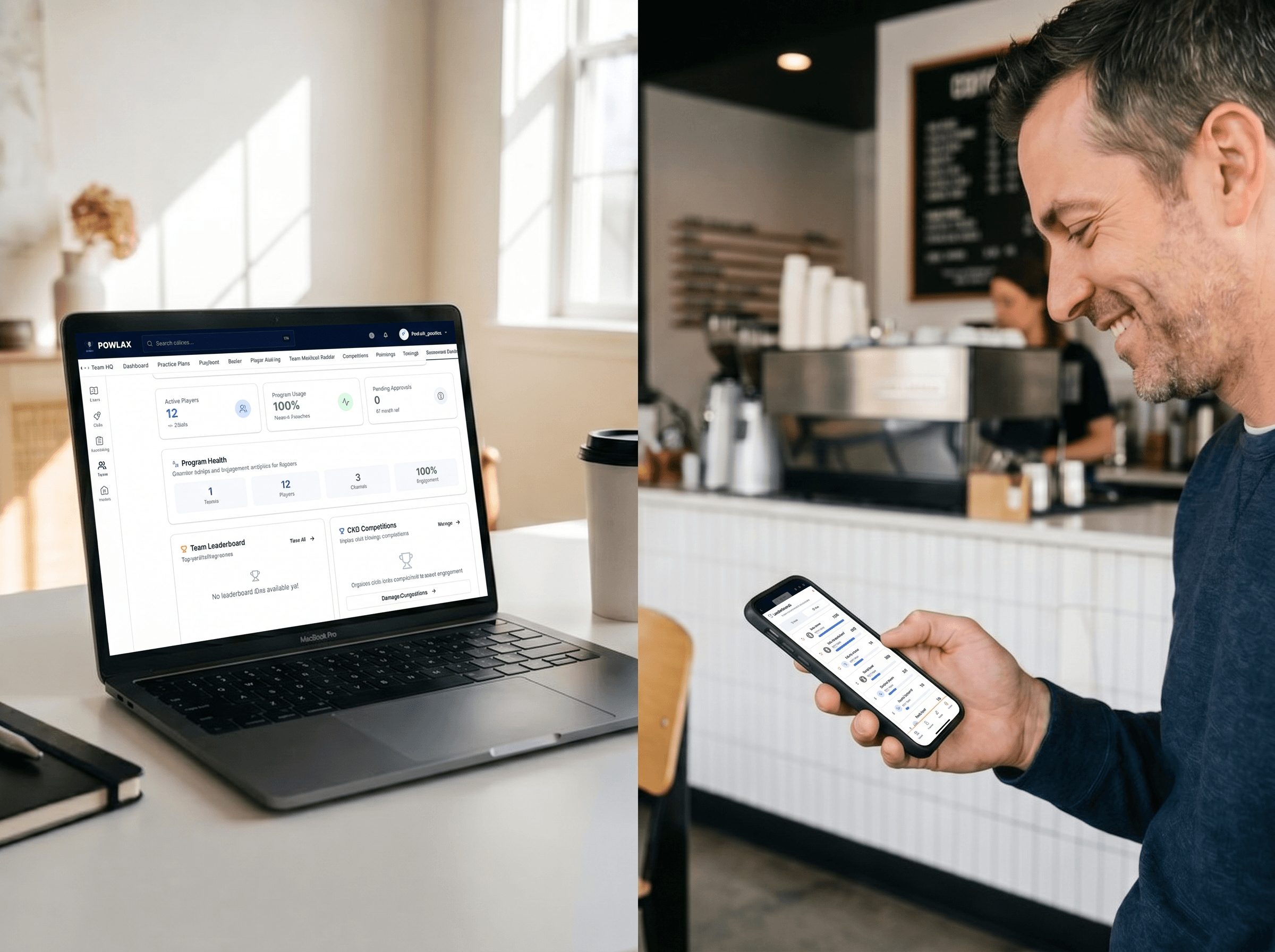 Laptop showing the POWLAX program dashboard beside a parent smiling at a phone showing player progress in a cafe