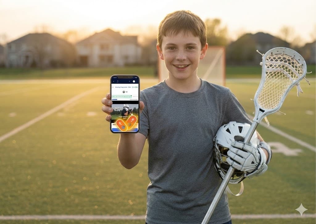 Young lacrosse player smiling on a field at sunset, holding his stick and showing a phone with a POWLAX Skills Academy workout and gamification badges