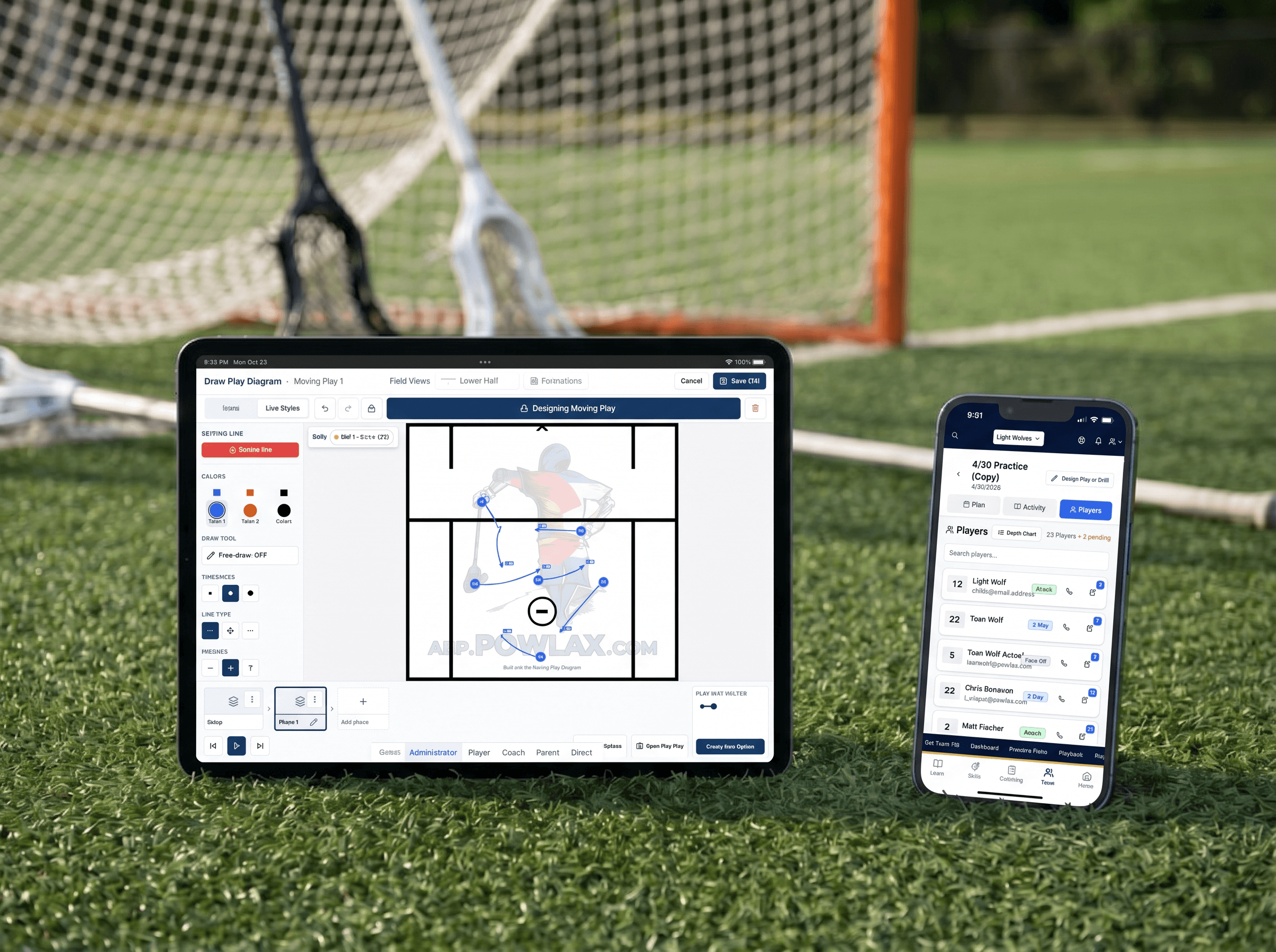 POWLAX Moving Play Designer open on a tablet beside a phone showing a practice plan, on a turf field in front of a goal