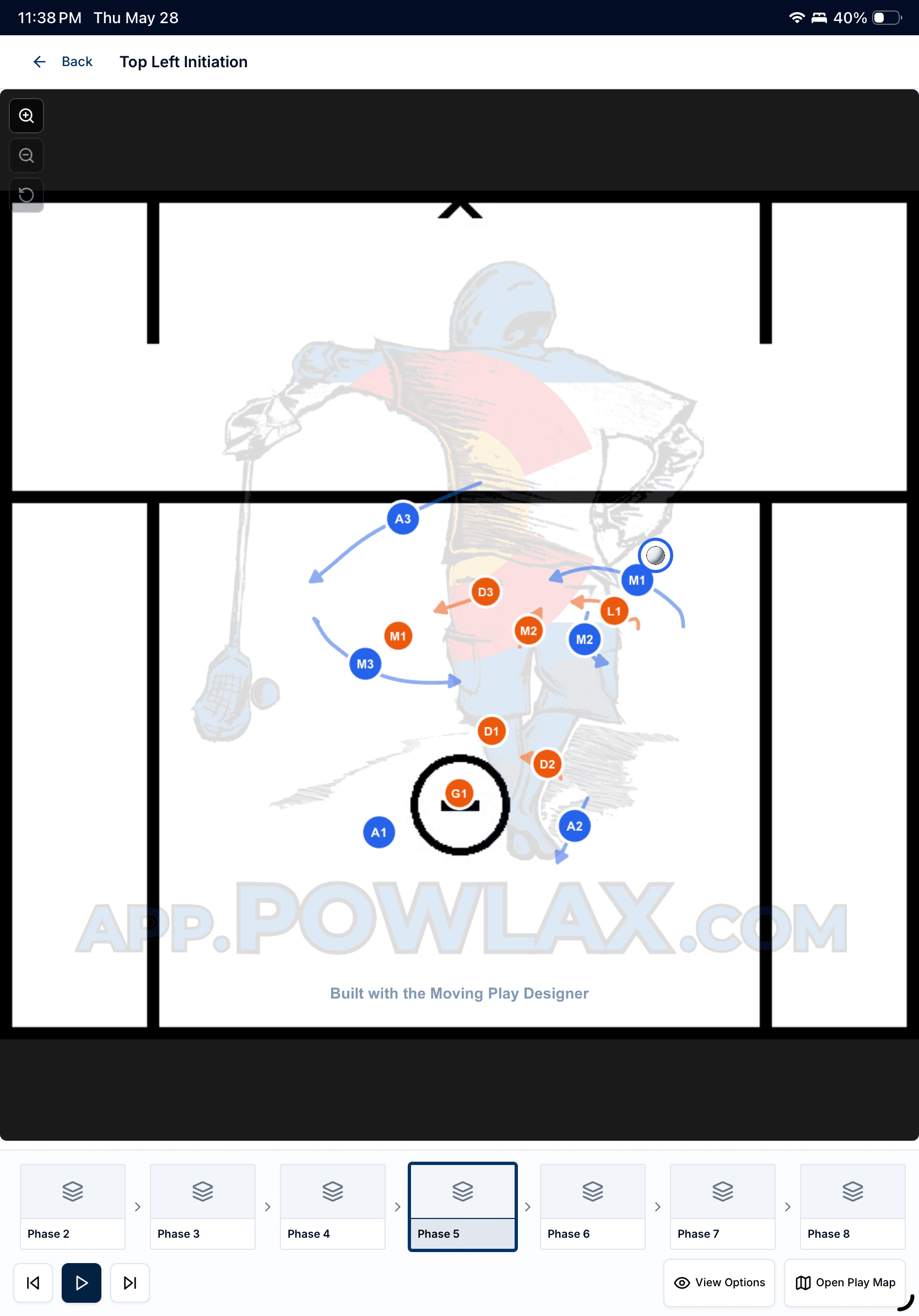 Real POWLAX Moving Play Designer on a tablet: a phased play diagram with player movement arrows and a phase timeline