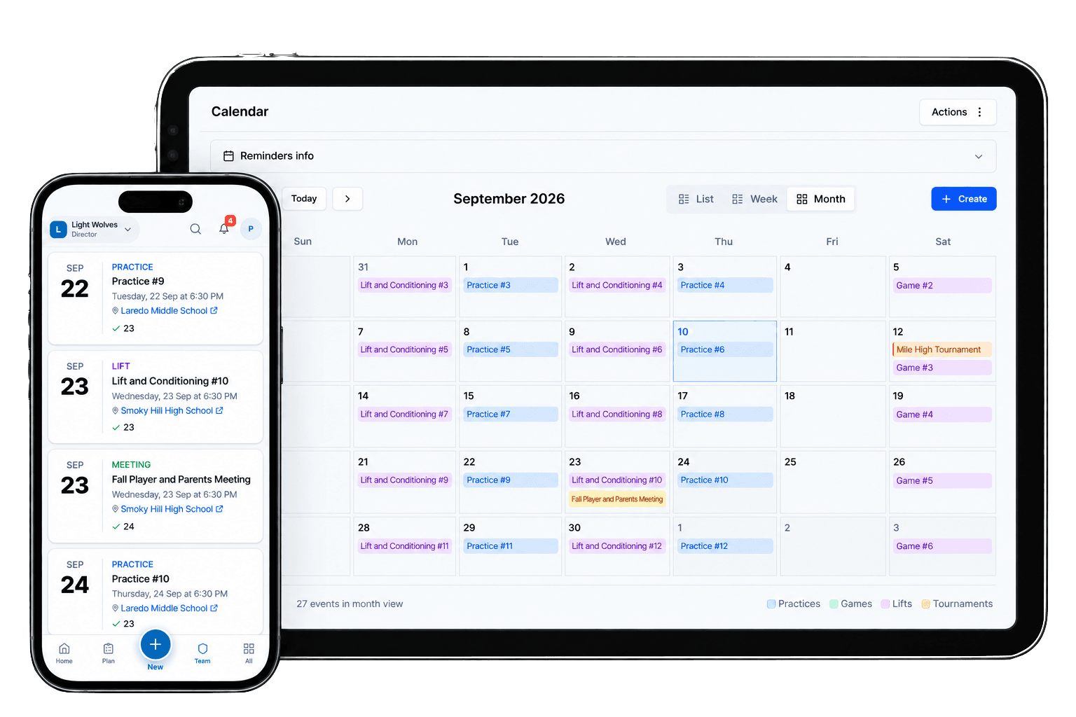A tablet showing a September team calendar in month view with practices, lifts, games and a tournament, and a phone in front of it listing the same events with their times, fields and attendance counts.