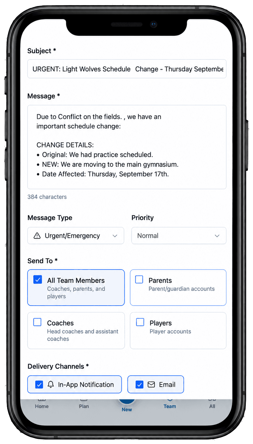 A phone showing the team message composer: an urgent schedule change typed into the subject and message, a message type of Urgent, and Send To boxes for all team members, parents, coaches and players with in-app notification and email both ticked.
