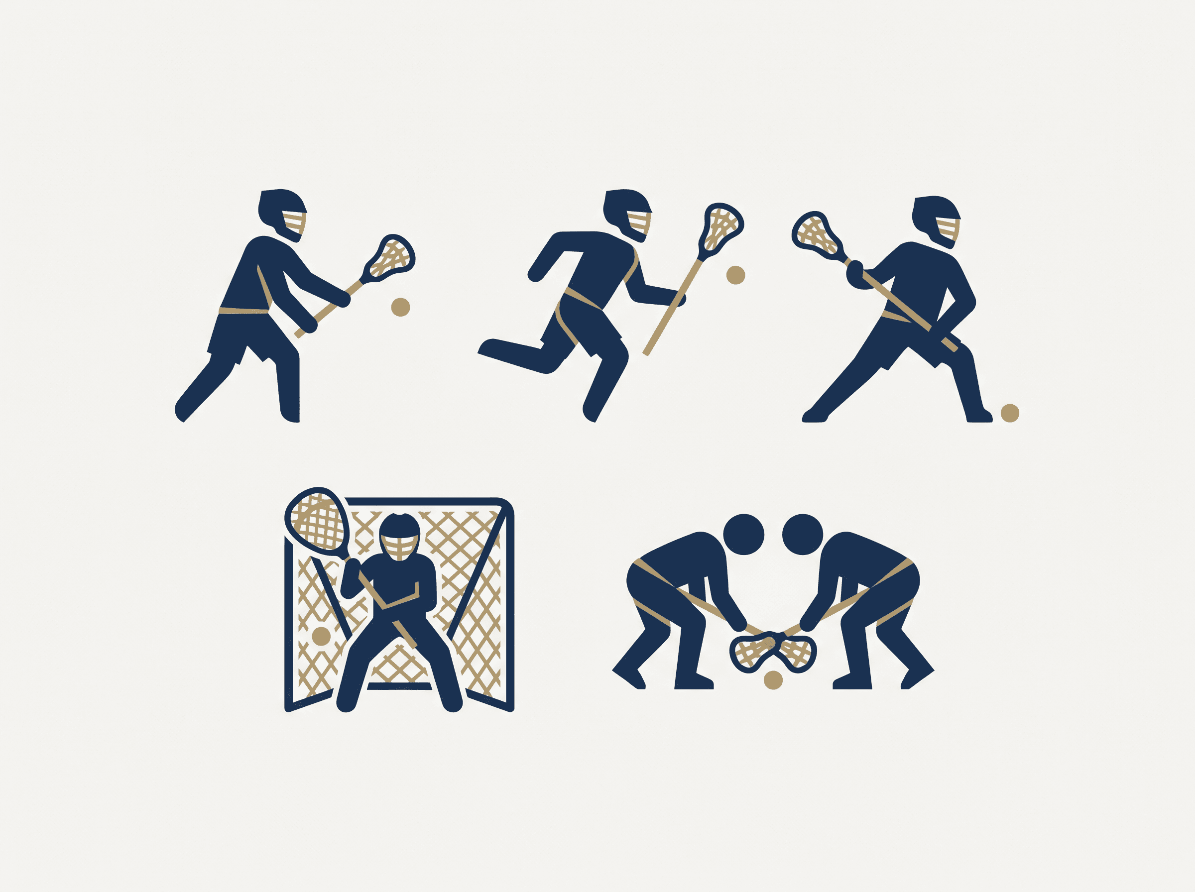 Five lacrosse position icons in a row: attack, midfield, defense, goalie, face-off