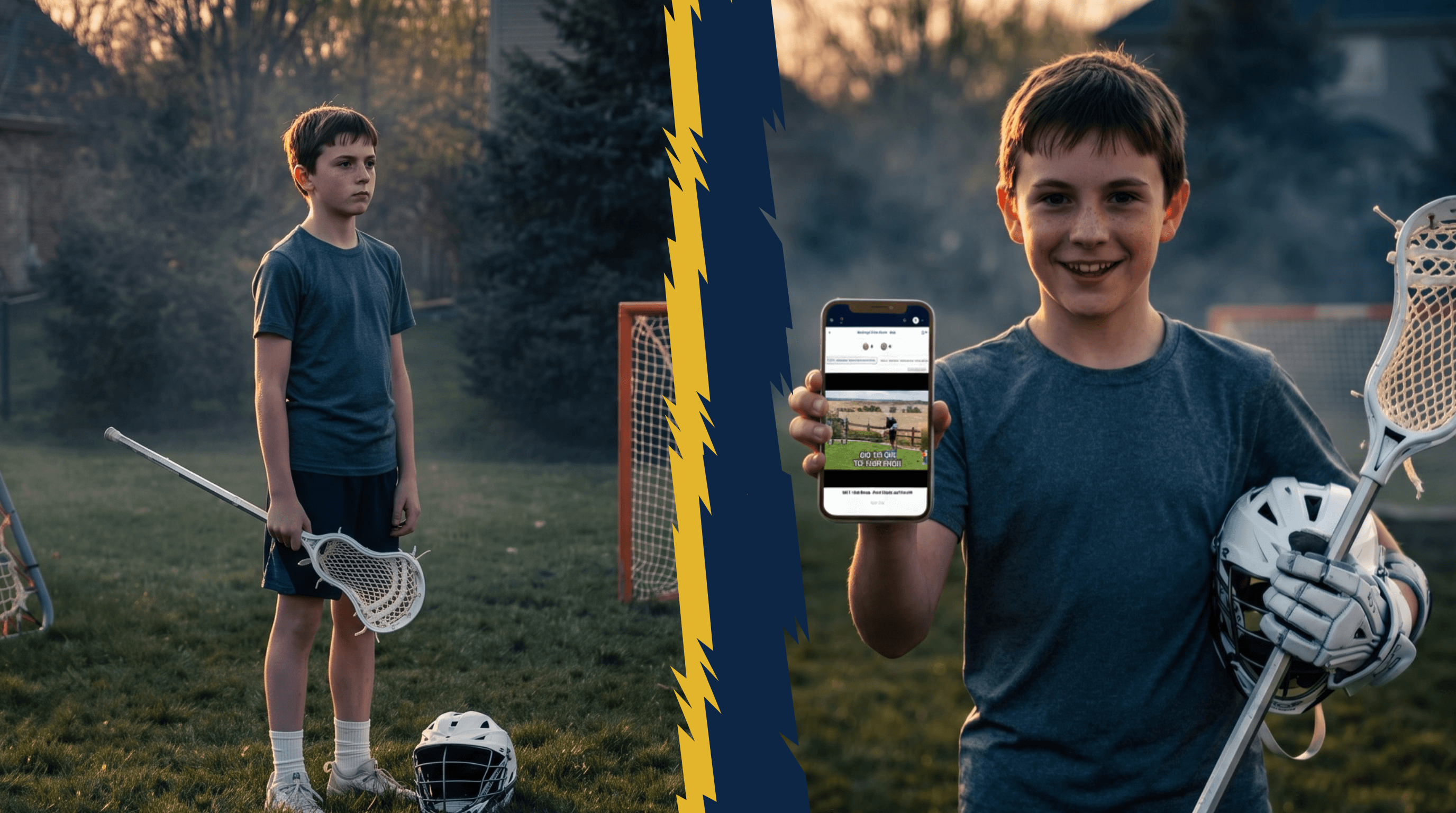 Split image: on the left, a young lacrosse player standing alone with his stick down and helmet on the grass; on the right, the same player smiling and holding up his phone with a POWLAX workout on screen